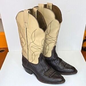 Vintage Durango 6M Brown Bullhide Leather Western Cowboy Boots Cream Shaft USA